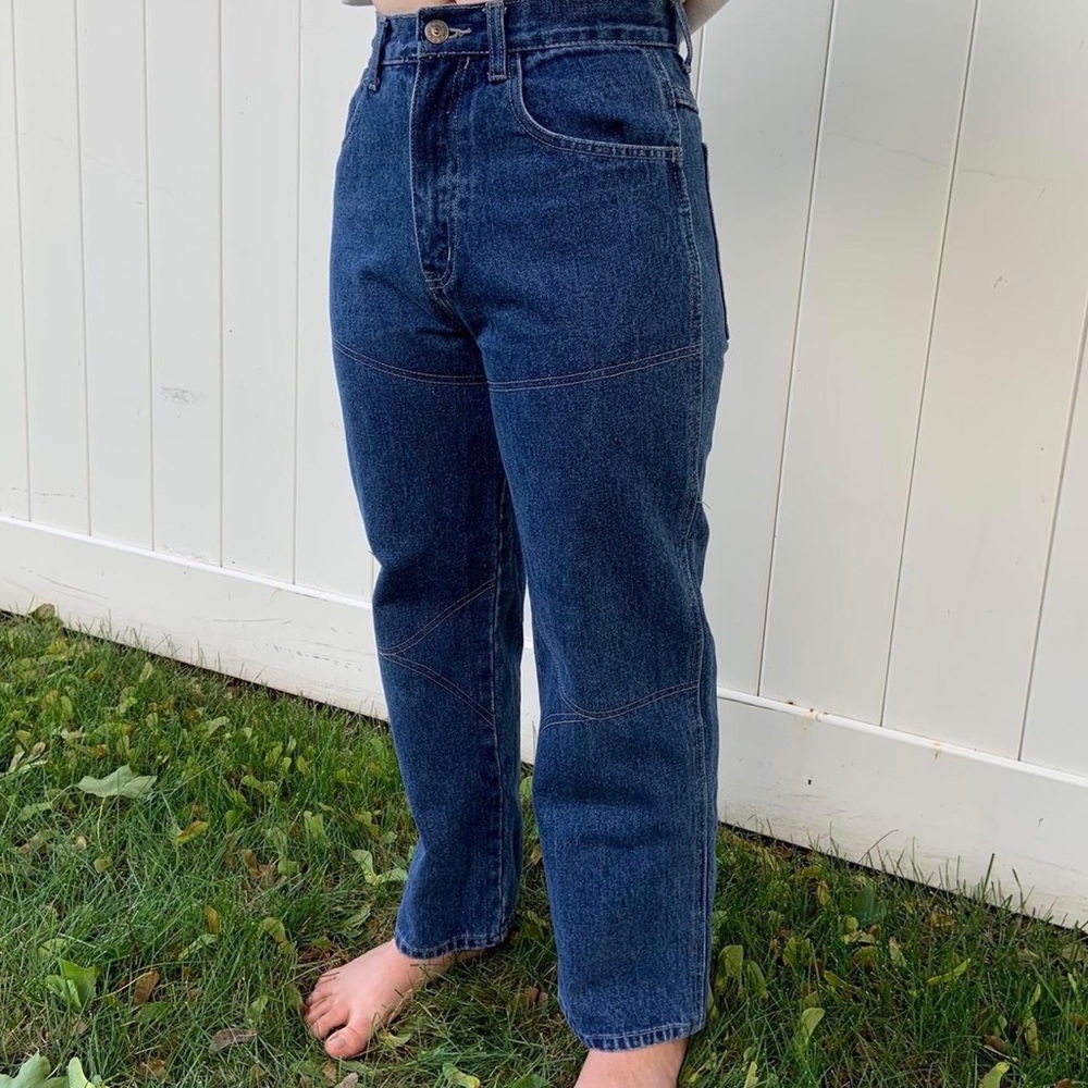 Really cool carpenter jeans by Reliq. Stitching detail on legs.